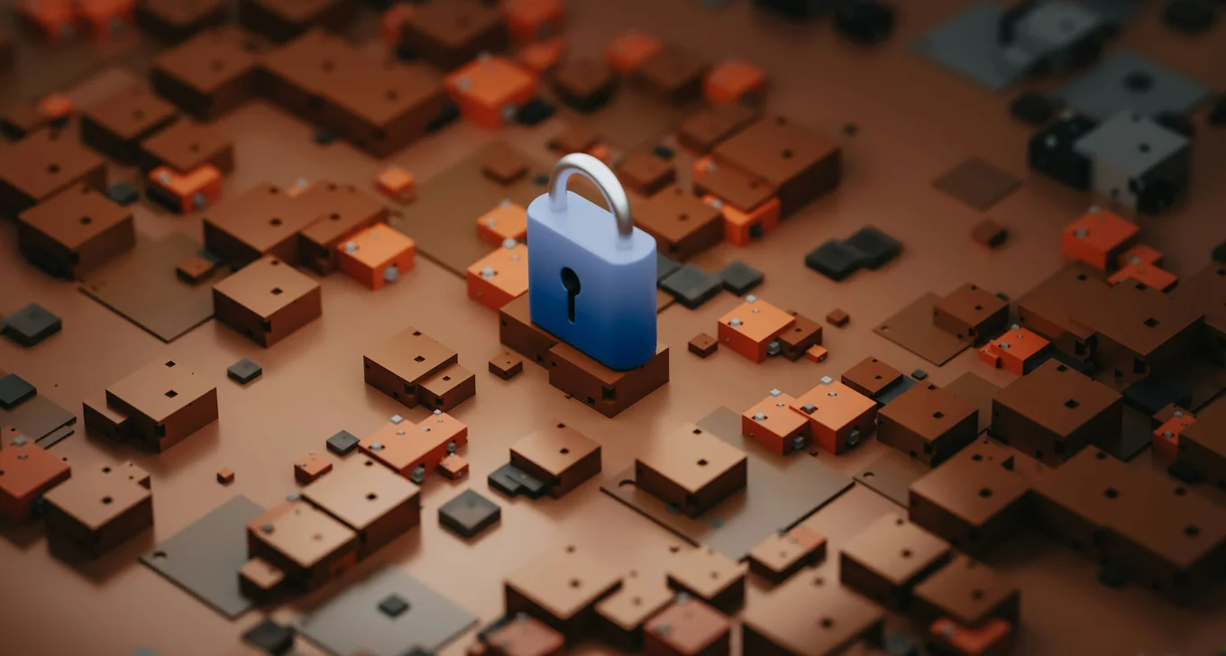 Blue padlock on abstract brown and orange blocks.